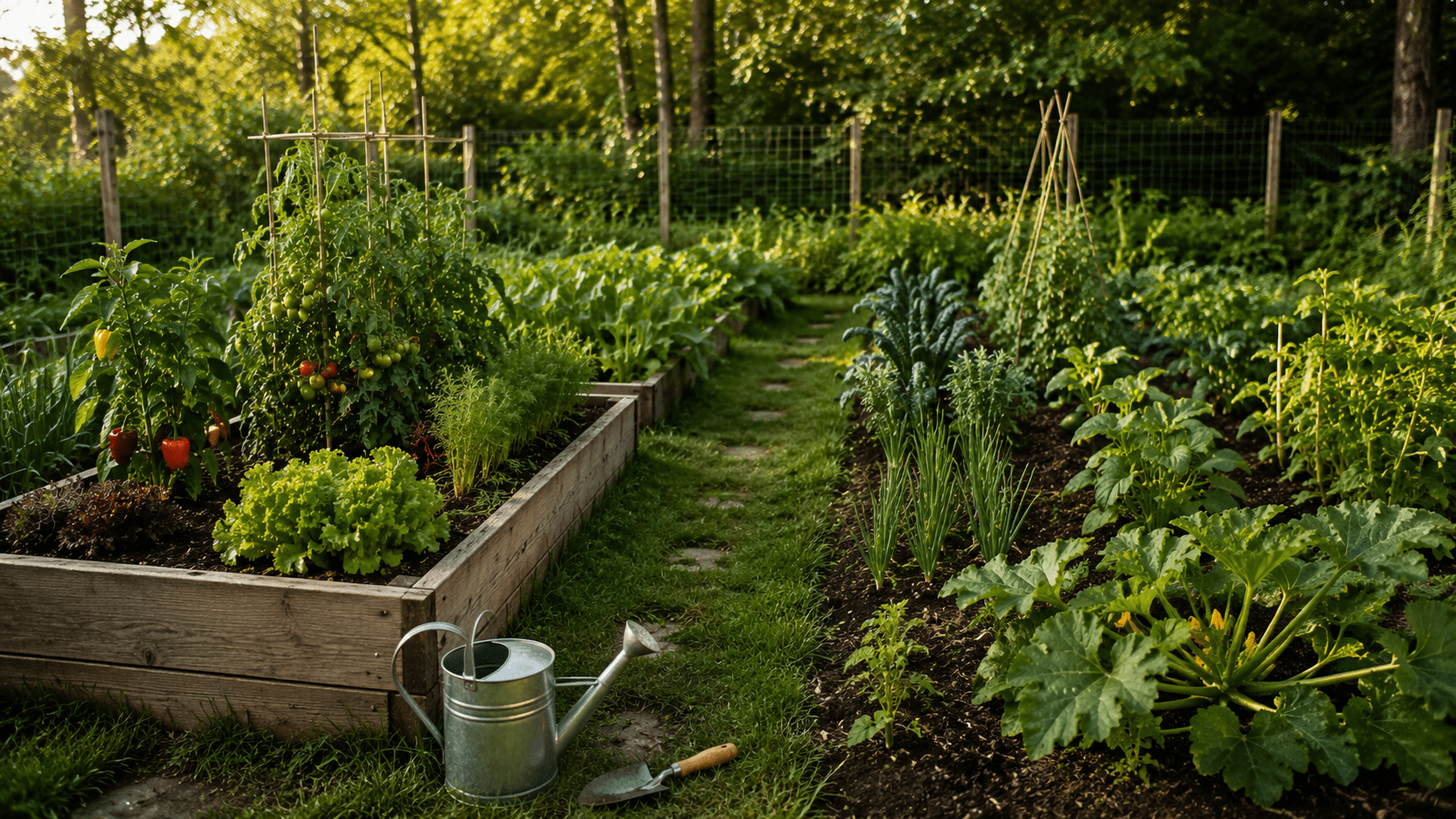 Raised vegetable bed beside an in-ground vegetable garden
