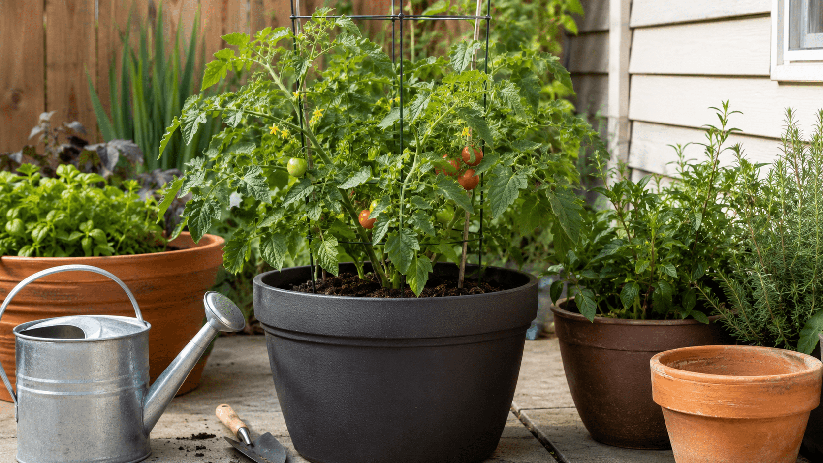 Tomato plant growing in a large container suitable for healthy root growth